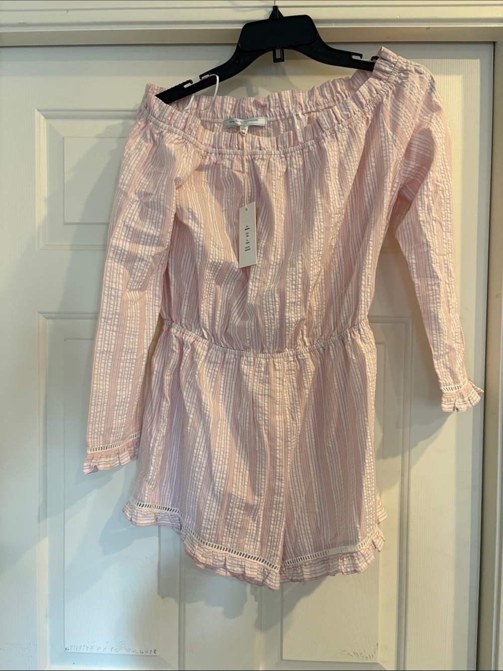Romeo & Juliet Couture Pink and White Striped Off-Shoulder Romper